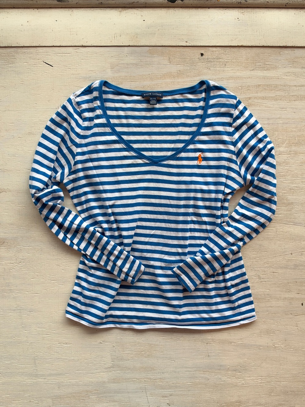 Ralph Lauren Blue & White Striped V-Neck Long Sleeve Tee with Orange Pony